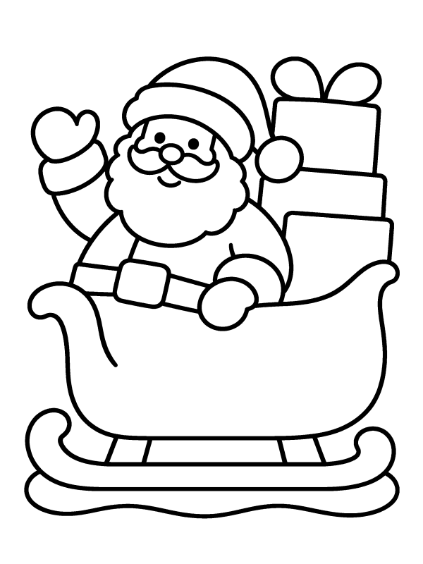 Santa Claus coloring page: Santa waving from his sleigh with a stack of presents