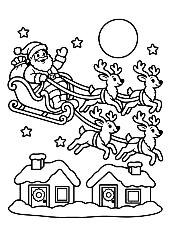 Santa Claus coloring page: Santa's sleigh and reindeer flying over snowy rooftops