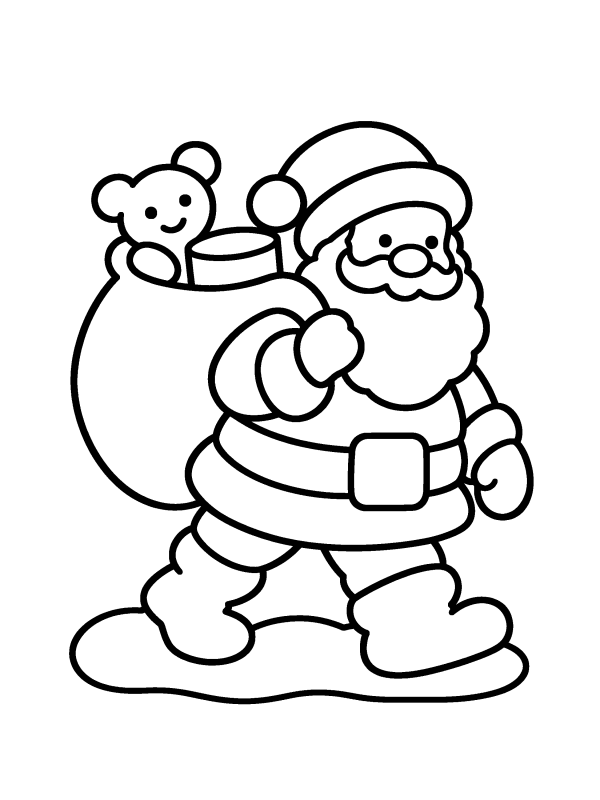 Santa Claus coloring page: Santa walking in the snow with his toy sack