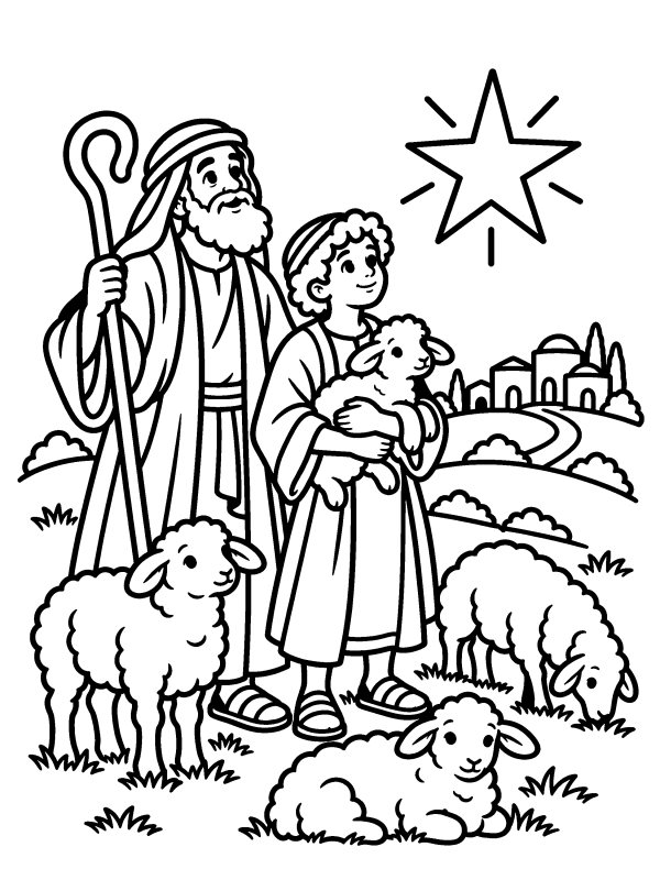 Nativity & Angels coloring page: shepherds and their sheep on a hillside at night