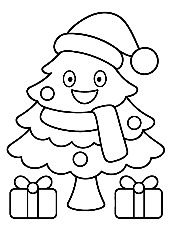 Christmas Tree coloring page: a smiling tree wearing a scarf and a hat