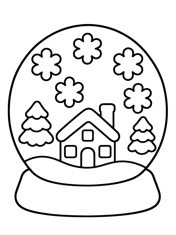 Snowman & Snow coloring page: a snow globe with a little house and trees inside