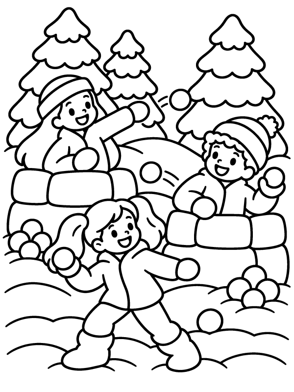 Snowman & Snow coloring page: kids laughing in a snowball fight between snow forts