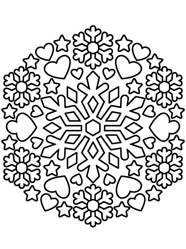 Christmas Mandala coloring page: a round mandala made of snowflakes, hearts and stars