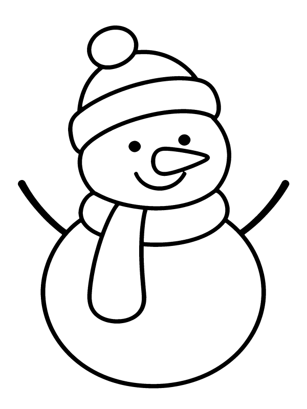 Snowman & Snow coloring page: a round snowman in a knit hat and a long scarf