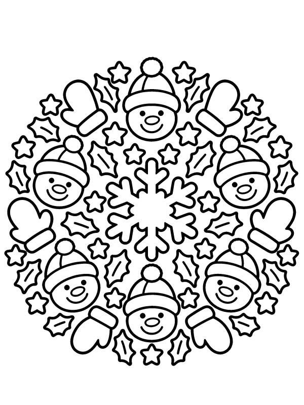 Christmas Mandala coloring page: a round mandala of snowman faces, mittens and stars