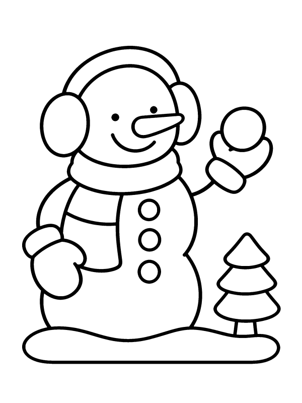 Snowman & Snow coloring page: a snowman with earmuffs and mittens holding a snowball