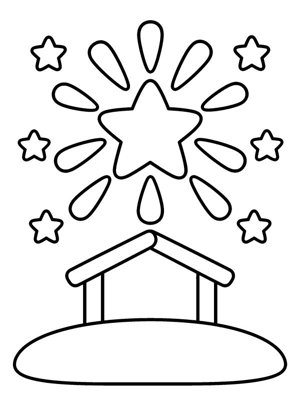 Nativity & Angels coloring page: the Star of Bethlehem shining over the stable