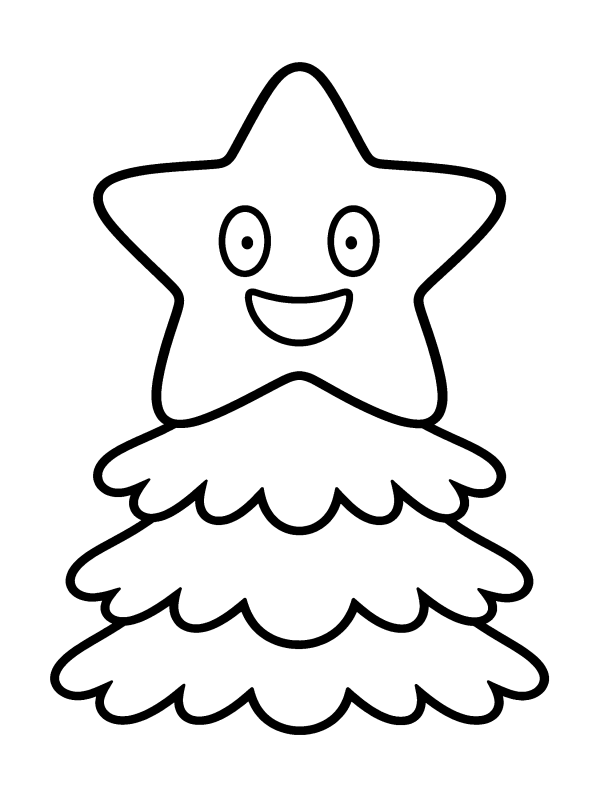Christmas Tree coloring page: a big smiling star on the tip of the tree