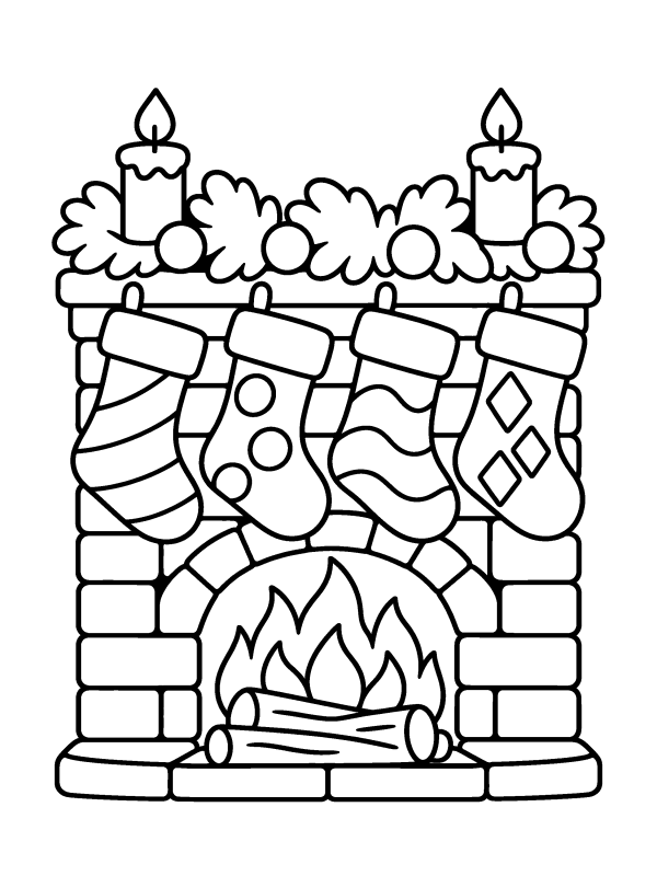 Candy Canes, Stockings & Ornaments coloring page: four stockings hanging on a brick fireplace