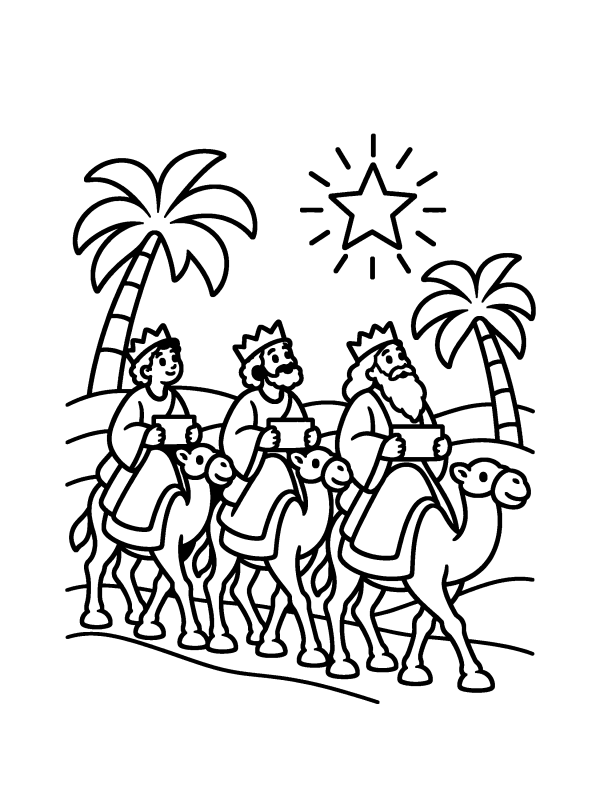 Nativity & Angels coloring page: three wise men on camels following the star