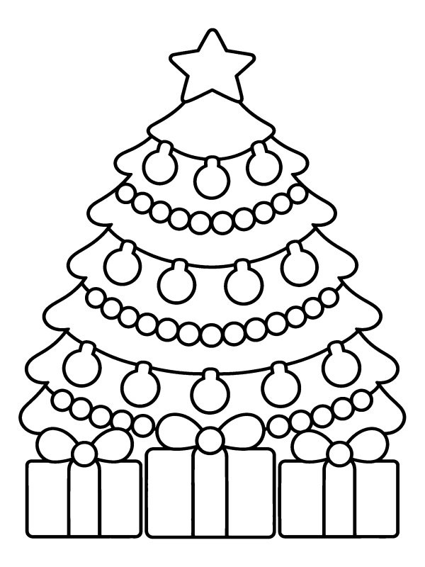 Christmas Tree coloring page: a big tree wrapped in string lights and a garland