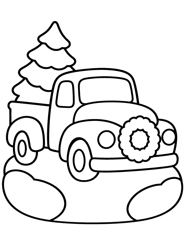 Christmas Tree coloring page: an old pickup truck bringing home a little Christmas tree