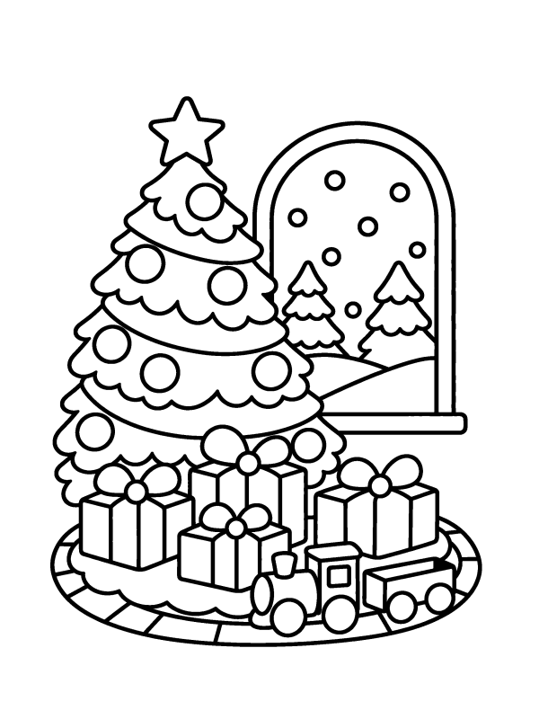 Christmas Tree coloring page: a decorated tree and presents by a snowy window