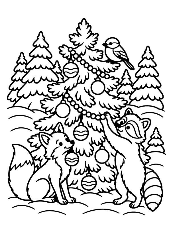 Christmas Tree coloring page: forest animals decorating a fir tree in the snowy woods