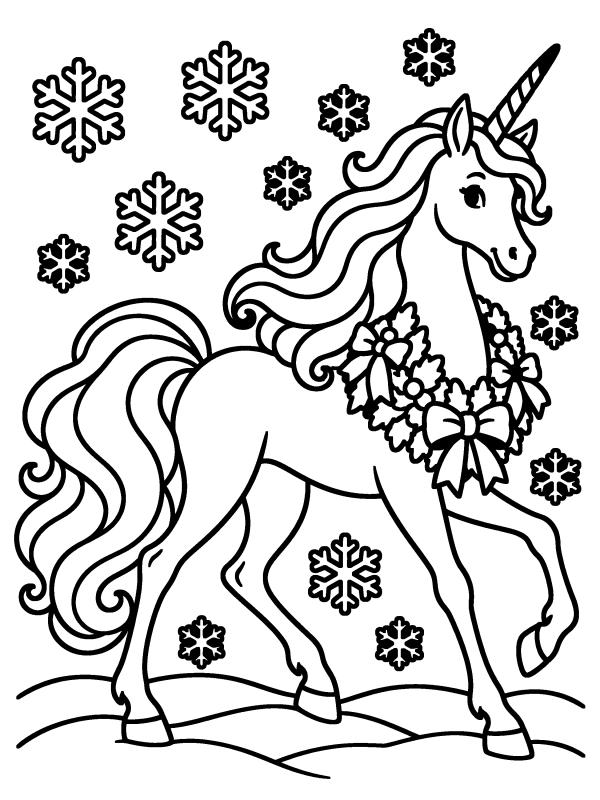 Christmas Animals coloring page: a unicorn wearing a Christmas wreath in the snow